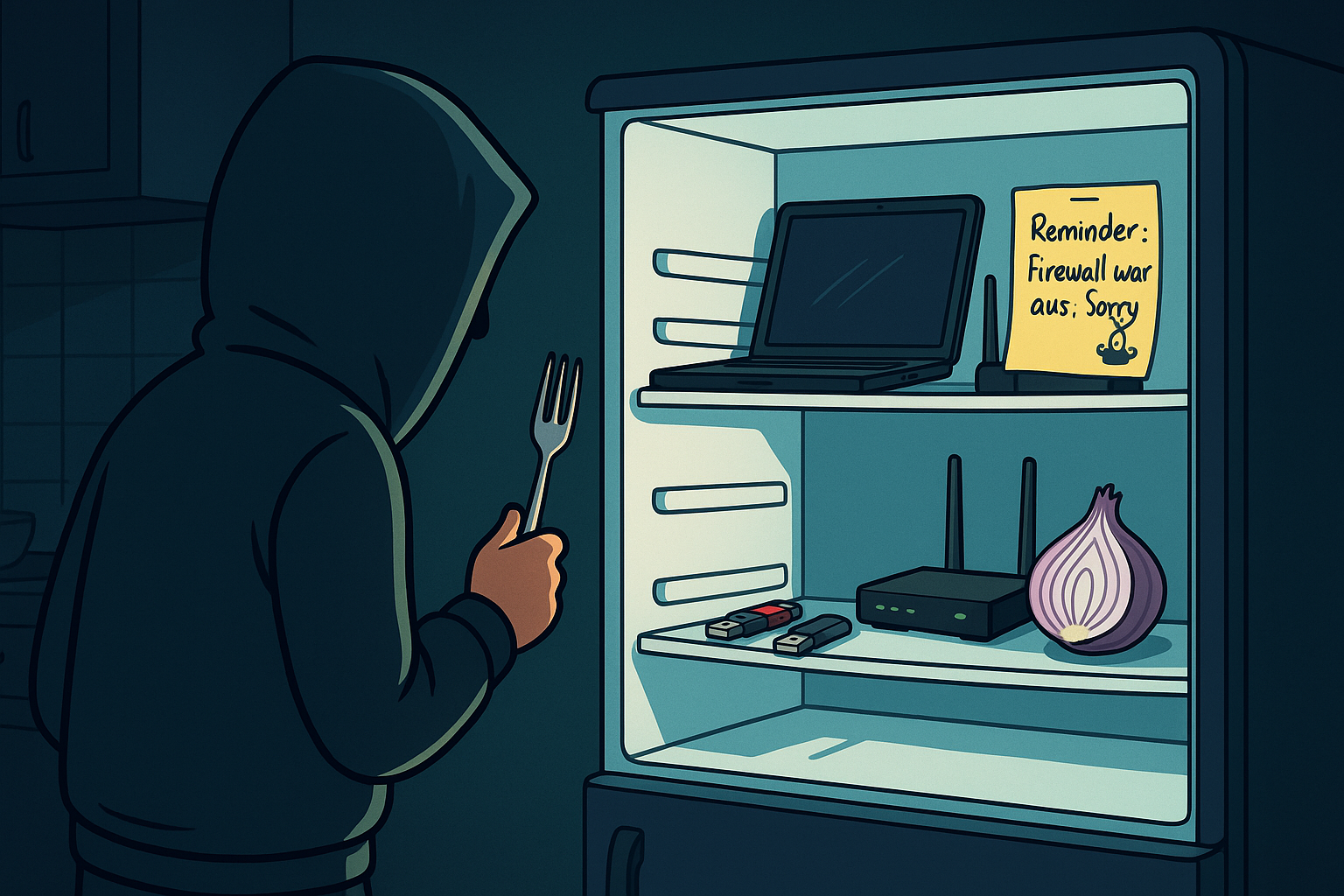 Person in hoodie looking into a fridge full of tech like a laptop, USB sticks, and a halved onion – a humorous take on digital security